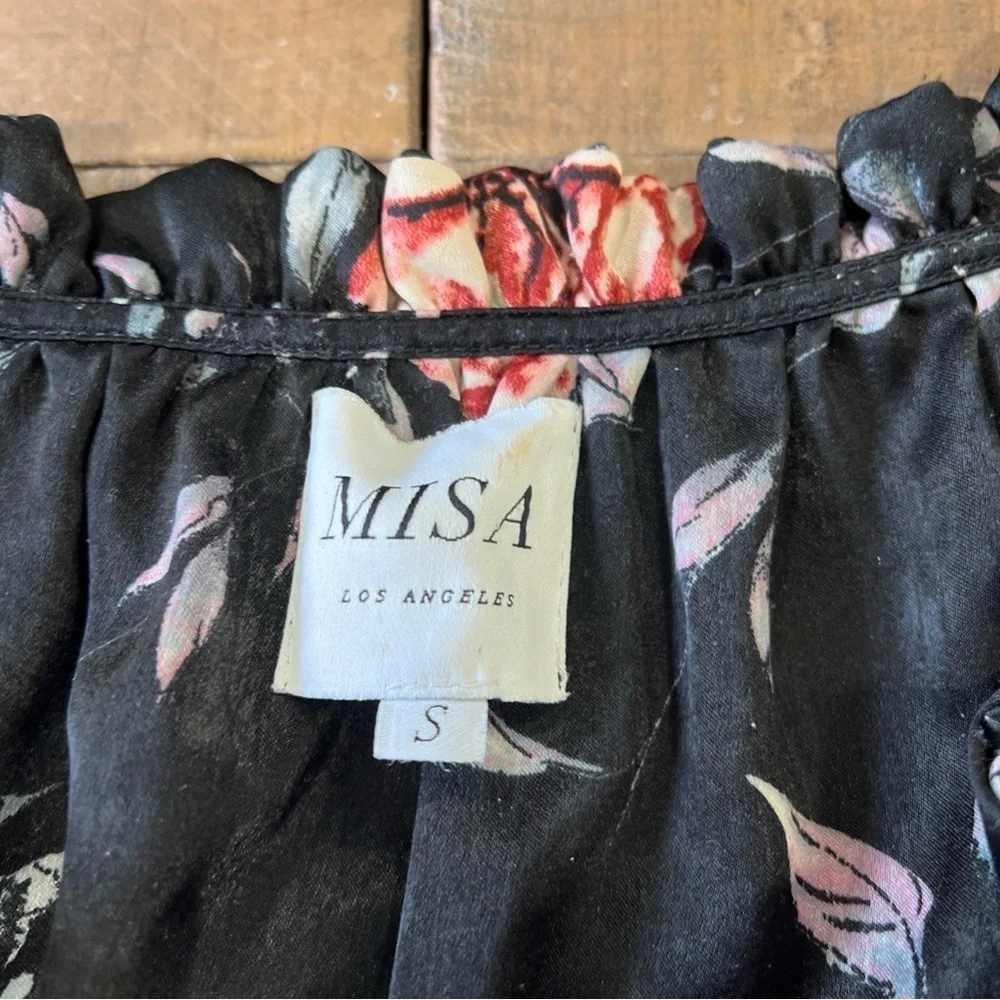 Misa Los Angeles Cecelia Black Floral Mini Dress Small Ruched V-neck Feminine